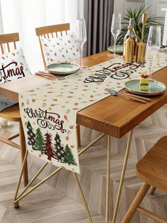 1pc Christmas Element Table Runner, Single-Sided Linen Printed, Suitable For Home Kitchen, Living Room Decor And Christmas Party Decoration