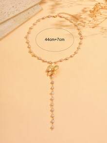 1pc Luxury Design Pearl Embellished Y-Shaped Long Necklace, Elegant Gold 3D Floral Decor Jewelry For Women, Suitable For Daily Wear, Parties, Festivals. Chain Length Can Be Customized.