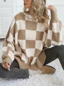 Women's Casual Loose Fit Drop Shoulder Colorblock Turtleneck Sweater - Khaki - View 2