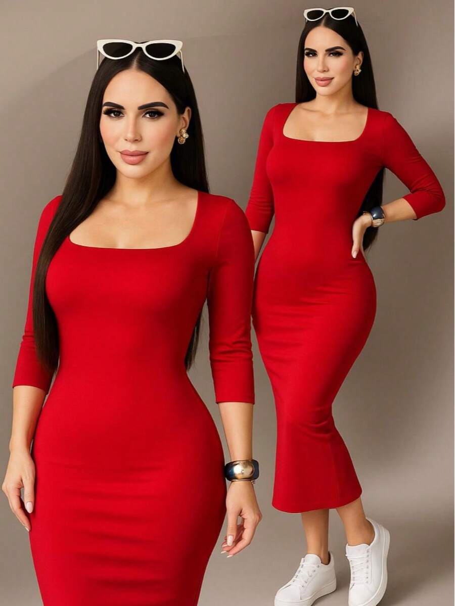 Women Midi Dresses - Dark Red - View 1