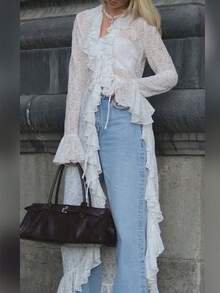 Women's Lace Ruffled Cardigan With V Neck Flared Sleeves  Asymmetric Hem For Elegant Casual And Street Styles - 白色 - 查看 1