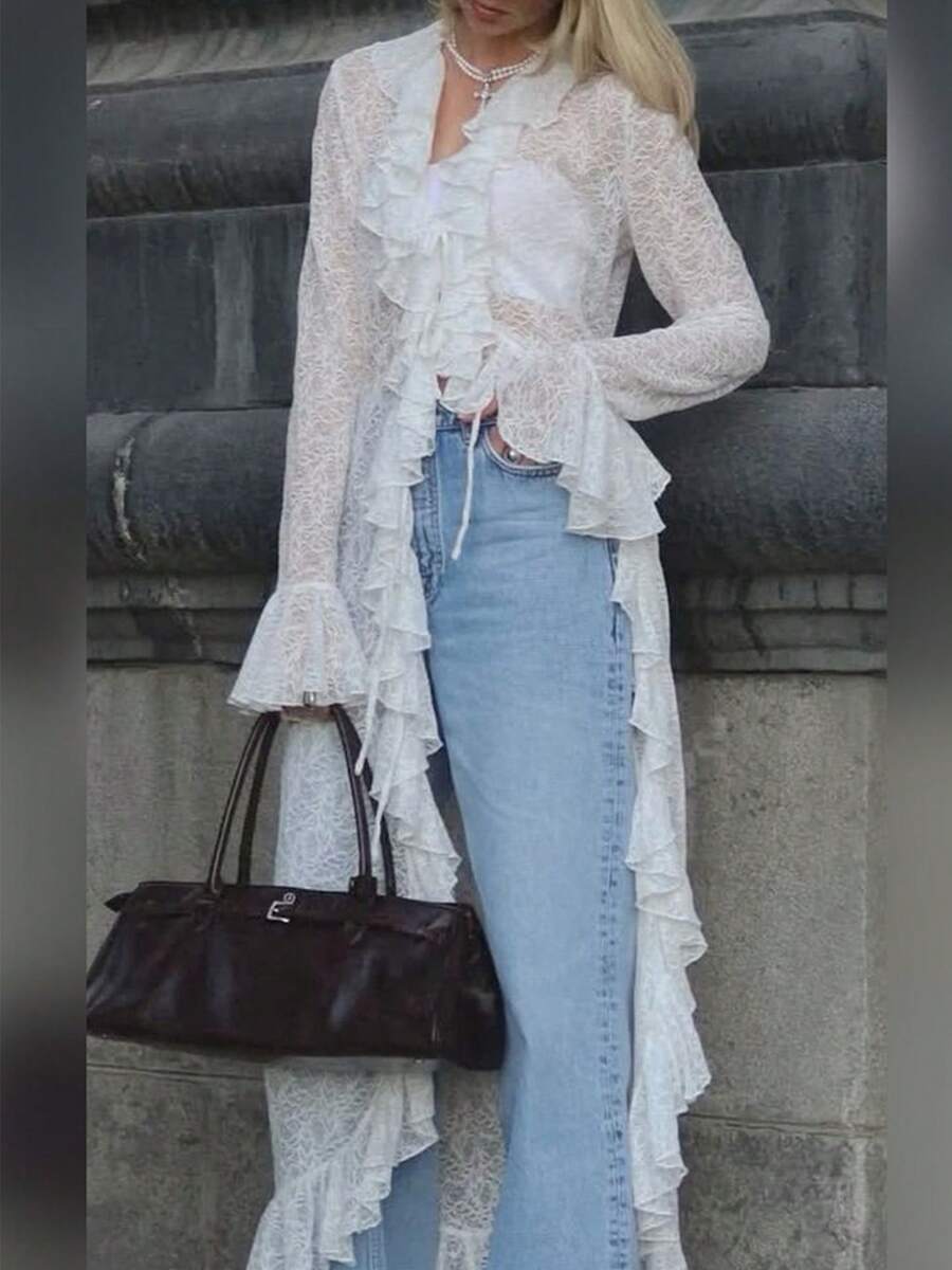 Women's Lace Ruffled Cardigan With V Neck Flared Sleeves  Asymmetric Hem For Elegant Casual And Street Styles - 白色 - 查看 1
