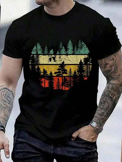 100% Cotton Wildlife Trees Outdoors Nature Retro Forest Sleeveless T-Shirt Funny Printed Men's T-Shirt