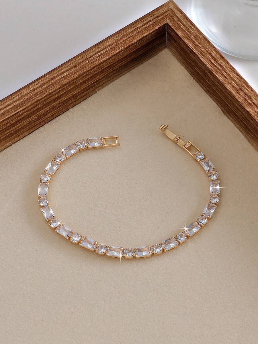 1pc Minimalist Fashion Square Zirconia Inlaid Gold-Plated Bracelet, Versatile - Gold - View 1