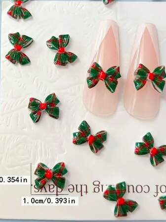 20pcs Christmas Nail Art 3D Bow Design Nail Art Accessories, DIY Green And Red Nail Art Decorations, Christmas-Style Bow Hair Clips Nail Art Accessories, Simple Christmas Nail Art Salon Decoration Bow Ties, Nail Art Supplies