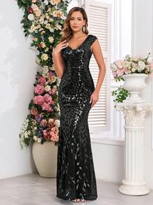 High Quality Elastic Sequin Double V-Neck Cap Sleeves Sequin Mermaid Hem Evening Dress For Women,Formal Wedding Guest Gown Dress, For Graduation, Formal Dress,Dinner Party Dress