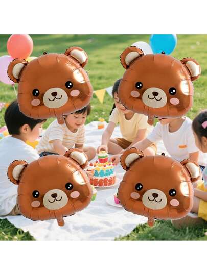 4pcs Cute Cartoon Brown Bear Head Aluminum Foil Balloons, Durable Material, No Electricity Required, Suitable For Birthday Party, Theme Party Decoration, Reusable