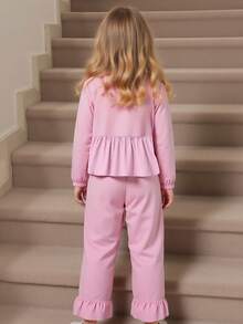 Conjunto de 2 piezas en color rosa, elegante y dulce, con blusa de manga larga con lazo + pantalones anchos cómodos con adorno floral, para primavera/otoño - Rosa - Ver 2