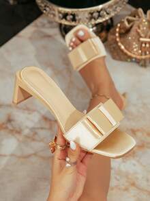 Women's Casual Square Toe Slip-On High Heel Sandals, Summer - Apricot - View 5