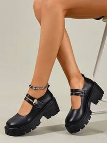 Foot Flair 女款（尺码偏小）玛丽珍厚底粗跟踝带 Y2K 哥特洛丽塔牛津鞋经典舒适校服正装鞋 - 霧面黑色心形扣 - 查看 8