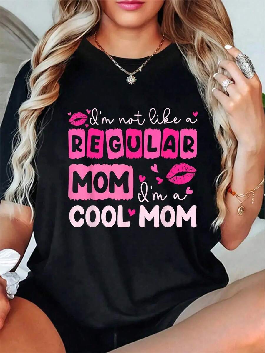 100% Cotton Mother's Day I'm Not Like A Regular Mom I'm A Cool Mom T-Shirt Women's Men's Summer Comfort Soft Crew Neck Tee Tops - Black - View 1