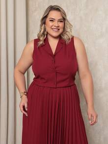 ANLE MODAS Women's Set Pleated Skirt With Elegant Vest Luis Twill Plus Size - 酒紅色 - 查看 5