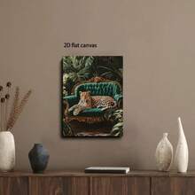 1Pc 2D Flat Canvas Wall Art,Prints,Canvas Posters,Painting,Wall Art,Wall Decor,Art Poster,Home Decor,Living Room Office Hallway Wall Decor,Leopard Lounging On Emerald Green Velvet Sofa Print,2D Flat Printed,2D Surface,No 3D Effect,Not Oil Painting,Tropical Jungle Artwork Framed Ready To Hang,Green Gold Brown - 綠色 - 查看 2