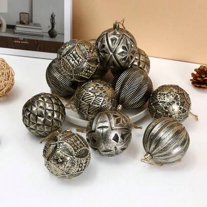 12 piezas/Caja, Bolas de Adorno Navideño, 8cm/3.15in de Diámetro, Diseño Vintage Desgastado, Bolas Colgantes Decorativas Navideñas, Decoración de Líneas Geométricas, Adornos Colgantes Navideños, Decoraciones para Fiestas y Eventos, Bolas de Regalo Elegantes, Adornos para Árbol de Navidad