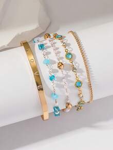 Bộ 5 chiếc/bộ vòng tay phong cách ngọt ngào chất lượng thanh lịch dành cho phụ nữ, thiết kế cao cấp để đeo hàng ngày (Lưu ý: Các phụ kiện như ngọc trai giả thủy tinh và đá trên vòng tay được làm thủ công, với số lượng ngẫu nhiên được giao) - Nhiều màu - Xem 5