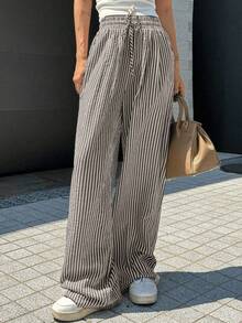 Wide Leg Striped Elastic Palazzo Pants With Pockets - Black - View 5