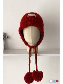 1 件马海毛面料小标志绒球针织护耳帽，适合女士，秋冬，厚实保暖的捕兽帽，可爱百搭