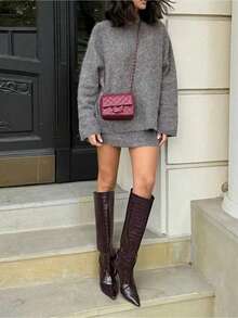 女士灰色针织毛衣和迷你裙套装，时尚圆领长袖，圣诞新年