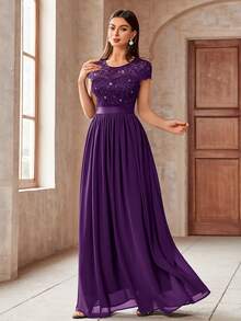 MIUSOL Elegant Women's Sequin Floral Lace Contrast Chiffon Maxi Dress With Pleated Hem,  Perfect For Evening Party, Wedding Guest, Anniversary Balls - 紫色 - 查看 5