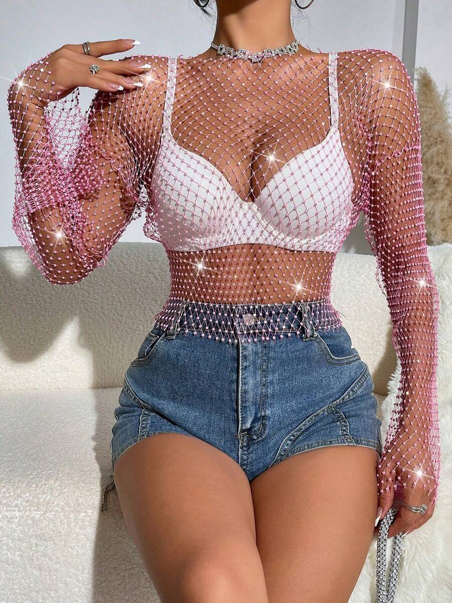 女式水钻装饰透视立领落肩性感派对上衣，夏季 - 粉色 - 查看 1