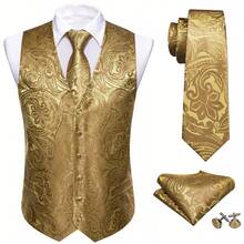 Plus Size Mens Waistcoat Gold Floral Vest Tuxedo Gilet Tie Pocket Square Cufflinks Set Wedding Formal Casual Business Party - 金色 - 查看 2