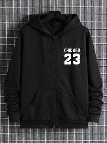 男士秋冬卫衣,男士印花卫衣,男士23号印花连帽开衫,黑色拉链卫衣,健身房跑步休闲上衣 - 黑色 - 查看 2