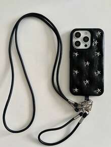 Étui de téléphone  noir premium 3D avec étoile argentée compatible avec l'iPhone 16 Pro Max, l'iPhone 15 nouvelle version 16 Pro avec dragonne, design minimaliste pour l'iPhone 14 Pro Max, l'iPhone 13, couverture complète