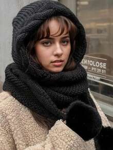 韩版女士针织帽带围巾秋冬可爱绒球耳罩厚保暖帽 - A - 查看 12