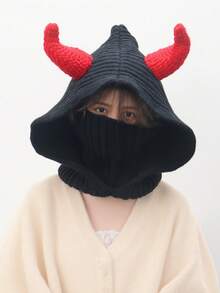 1 Piece Ladies' Hat Devil Horns Knitted Hooded Hat - Black With Red Horns, Unisex Novelty Costume Accessory Soft And Warm, Fall / Winter