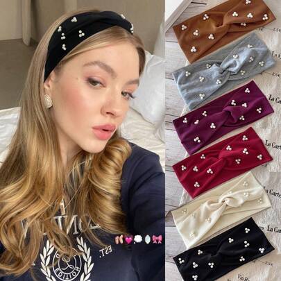 1 件珍珠头带系列，全身心串珠 | 可调节交叉编织设计，适合女士，透气吸汗宽带，秋冬发带，女士度假装束发饰，女士头巾，冬季头巾