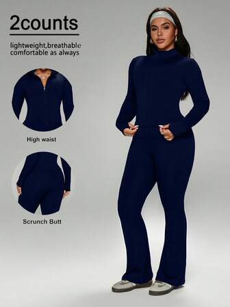 FWH Conjunto de invierno de talla grande con puños con agujero para el pulgar, con cremallera delantera, campana alargadora de piernas, chic de lujo de rendimiento de estilo retro futurista, conjunto de entrenamiento de cuello alto, ropa de yoga con cremallera, pantalones acampanados con control de abdomen, conjunto de ropa deportiva térmica, chaqueta con cremallera y cuello alto y pantalones de yoga acampanados para mujer, conjunto de 2 piezas para mujer