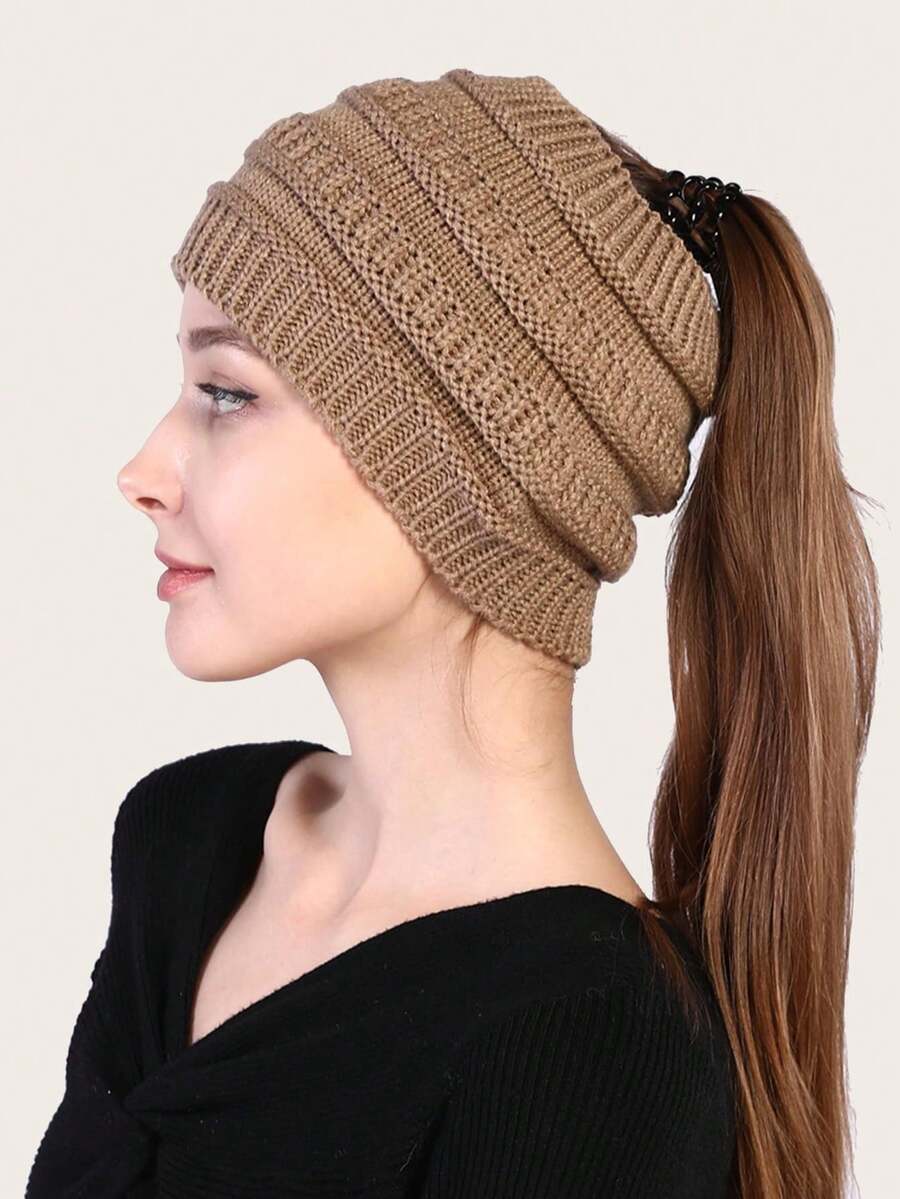 Mũ len buộc đuôi ngựa màu trơn, phù hợp với trang phục mùa thu/đông - Màu Khaki - Xem 1