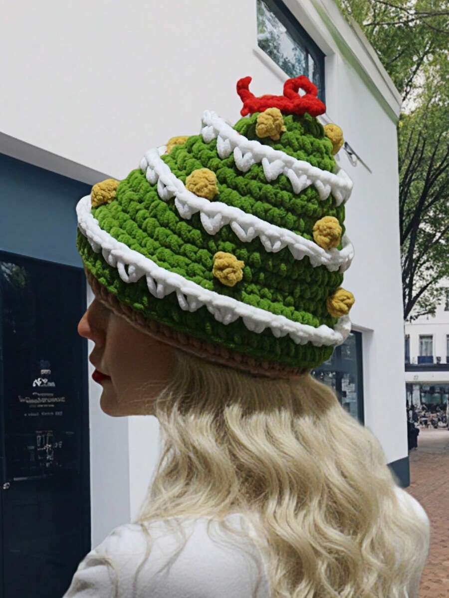 Crochet Christmas Tree Beanie - Festive Knitted Hat With Colorful Ornaments & Red Bow, Holiday Knit Cap For Women, Unique Christmas Knit Headwear