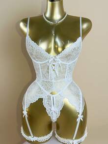 3 Pcs Women's Sexy Lingerie Set - Floral Lace Backless Nightgown With Garter Belt, Satin Bow & Ruffle Thigh Cuffs, V-Neck Bra & Thong, Seductive Bedroom Sleepwear For Valentine's Day Theme Parties, Romantic Shapewear Gift - 白色 - 查看 3