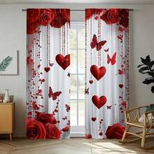2pcs Valentine's Day Red Rose & Heart Butterfly Print Curtains - Modern Polyester Fabric, Semi-Blackout, Rod Pocket Design, Suitable For Living Room, Bedroom, Kitchen, Office Or Holiday Apartment (Rod Not Included) - Multicolor - View 13