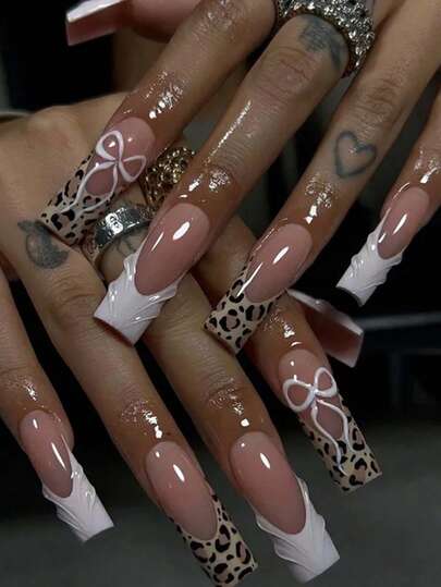 NAIO 24 piezas Uñas postizas rectangulares largas 3D, diseños de uñas con lazo y estampado de leopardo, uñas acrílicas con puntas francesas estampado de leopardo, set de uñas postizas largas de ajuste perfecto, contiene: 1 pieza de gel de gelatina y 1 pieza de lima de uñas, fácil de usar arte de uñas con puntas francesas, adecuado para uso diario de mujeres y niñas, suministros de uñas para fiestas de carnaval