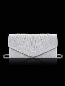 Fashionable Pleated Clutch Bag Evening Bag Prom Bag, Shiny And Elegant Bridal Wedding Bag Women's Handbag Purse Shoulder Bag, Matched With Luxurious Rhinestone Jewelry Three Pieces Set, Sparkling Rhinestone Necklace, Bracelet, Earrings, Suitable For Parties, Gatherings, Weddings - Silver - View 3