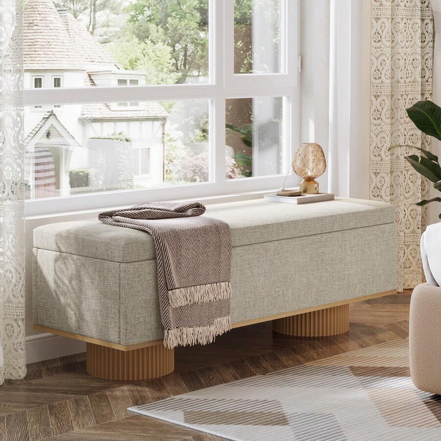 Tribesigns 50.39" Storage Bench With Padded Seat Cushion, Upholstered Shoe Bench With Flip Up Storage For Bedroom, Living Room, Entryway, Load Up To 330 Lb, Beige + Brown - 米色和棕色 - 查看 1