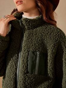 Wildy Zip Up Drop Shoulder Teddy Jacket For Winter - Green - View 4