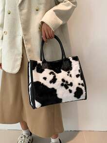 Yogodlns Einfaches Design Kuh Muster Frauen Weiche Plüsch Umhängetaschen Winter Fellbesatz Damen Geldbörsen Handtaschen Mode Weibliche Shopper Taschen - Schwarz und Weiss - Übersicht 5