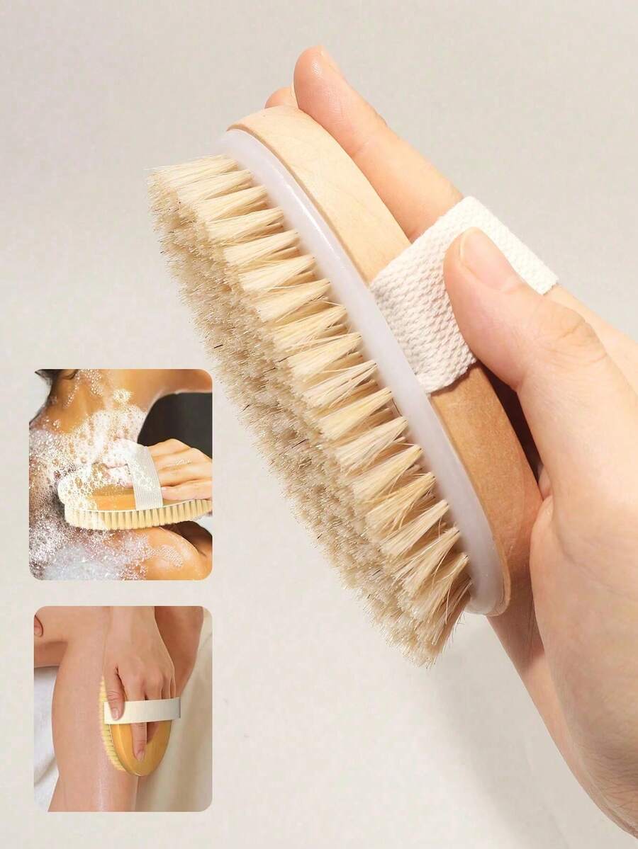Dry Body Brush, Exfoliating Body Scrubber, Natural Bristles For Dry Skin, Improves Blood Circulation, Stops Ingrown Hairs, Cleans Acne And Cellulite, Good For Home Bath Tools Wooden Strap Shower Brush With Natural Bristles - Soft Oval Shower Brush, Suitable For Dry Brushing Body, Wet Brushing