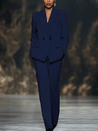 女士休闲宽松纯色口袋双排扣长袖套装，适合春秋季日常办公穿着。