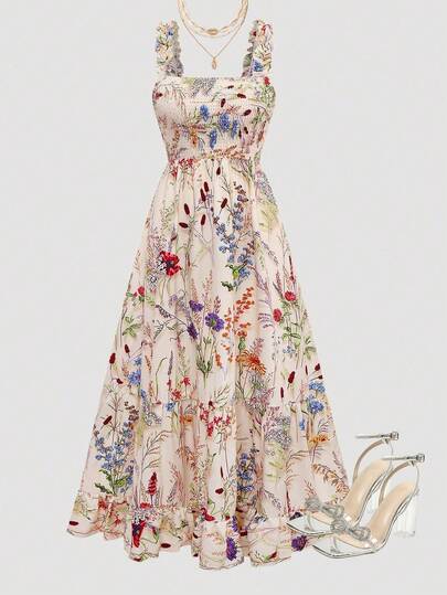 Women's Floral Print Maxi Dress With Adjustable Straps, Casual Vacation Style