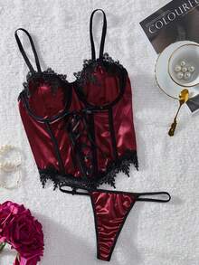 weiweihu 2-Piece Underwear Set  Halloween    Satin    Ripped  Cut Out    Lencería Sexy Para Mujeres   For All Seasons    Shapewear Tummy Control   Corset De Mujer   Halloween Costumes>Rave   Sexy Halloween Costumes Women - 酒紅色 - 查看 5