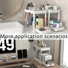 2-Tier Under-Sink Storage Rack, Kitchen Cabinet Shelving Unit, Dual Sliding Cabinet Basket Storage Drawers, Multifunctional Bathroom Storage Basket, Storage Rack, Under-Counter Kitchen Storage Rack, Featuring 5 Hooks & 2 Hanging Baskets, Kitchen Decor, Holiday Gift