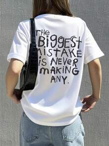 女士休闲度假圆领短袖T恤，印有标语，女士上衣。图案T恤，女士白色上衣，黑色上衣，女士度假装 - 白色 - 查看 5