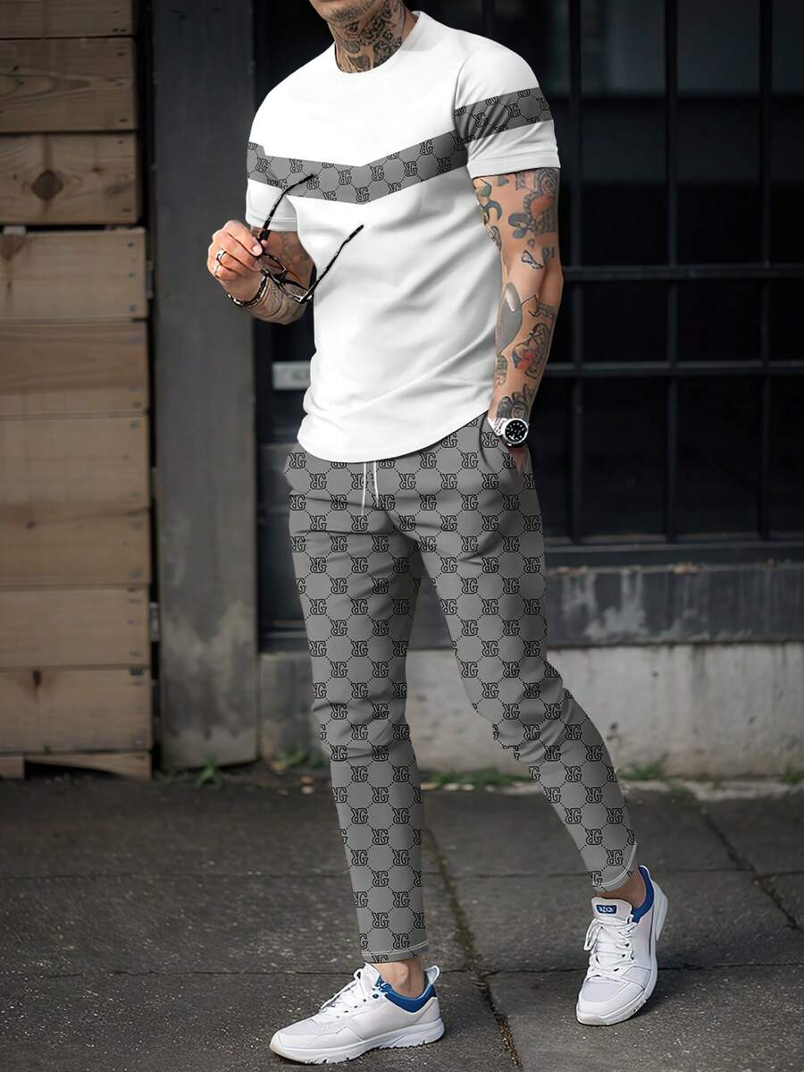2pcs/Set Men's Printed Crew Neck T-Shirt And Pants Set, Practical & Versatile