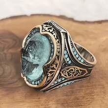 Men's Bohemian Ring - Ice Blue Center Stone With Black Accent - Vintage Jewelry For Parties, Beach Vacations, Casual Attire - Durable Statement Ring - Ideal Anniversary, Valentine's, Graduation Gift For Him - Year-Round Jewelry - 藍色 - 查看 5