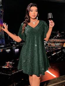 大码女式夏季亮片花瓣短袖宽松直筒连衣裙，优雅 - 墨綠 - 查看 7
