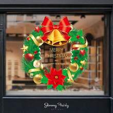 1pc Festive Christmas Tree Wreath Sticker, Glass Wall Decoration For Windows, Reusable Static Decal, Golden Festive Holiday Cling With Christmas Tree, Wreath And Snowflakes Design - Non-Electric, Featherless, Merry Christmas Display For Glass Surfaces